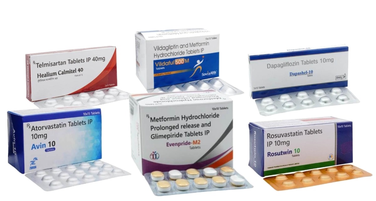 Telmisartan, atorvastatin, rosuvastatin, metformin-glimepiride, vildagliptin-metformin and dapagliflozin packs manufactured at Vibcare Healthcare, Panchkula