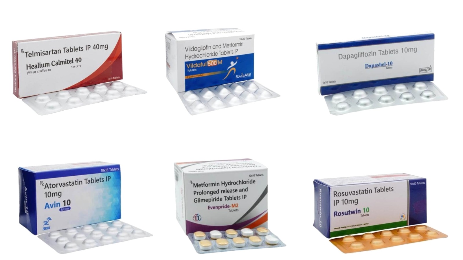 Telmisartan, atorvastatin, rosuvastatin, metformin-glimepiride, vildagliptin-metformin and dapagliflozin packs manufactured at Vibcare Healthcare, Panchkula