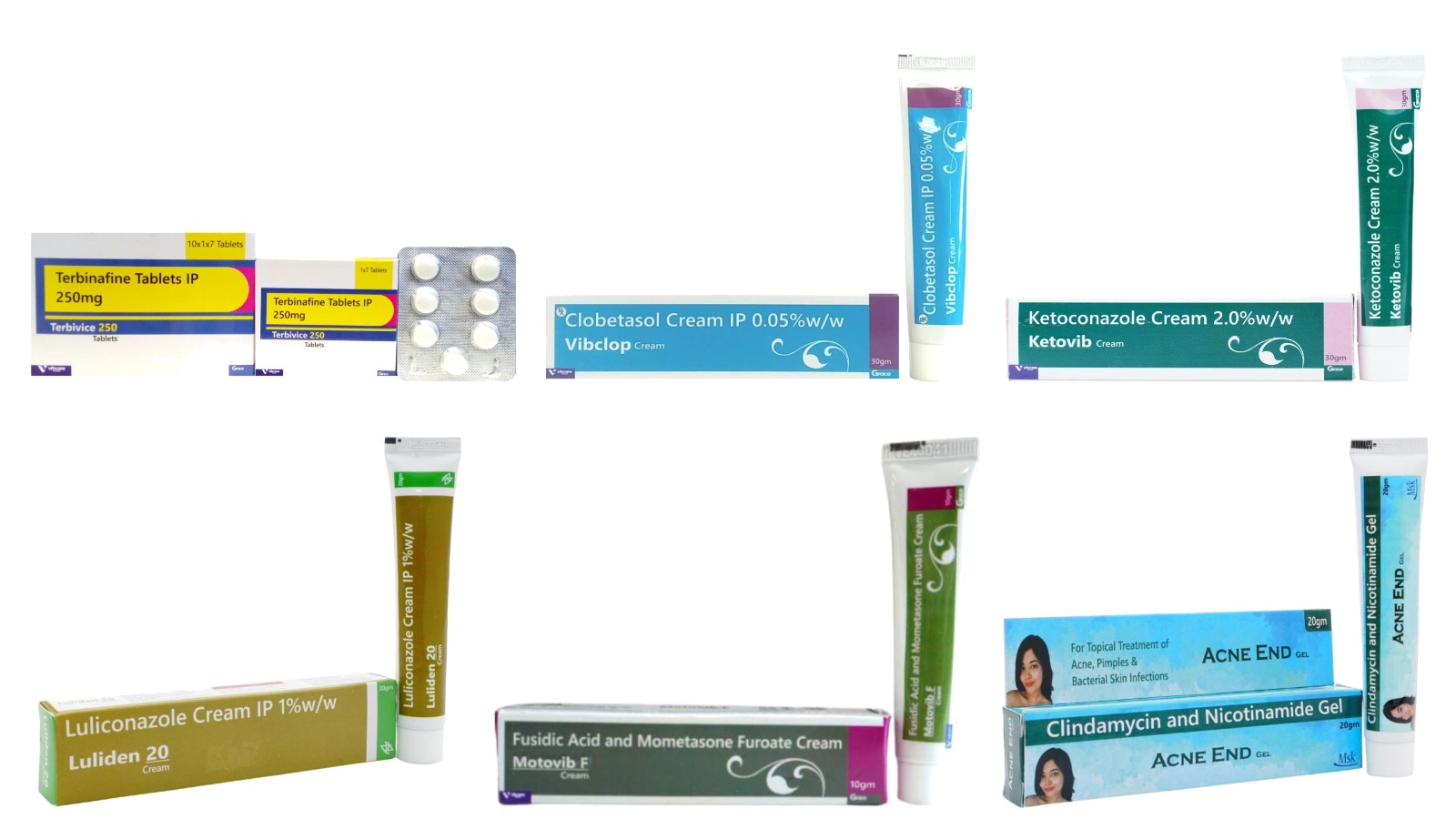 Luliconazole cream, ketoconazole cream, clobetasol cream, fusidic acid and mometasone cream, clindamycin and nicotinamide gel and terbinafine tablet packs manufactured at Vibcare Healthcare, Panchkula