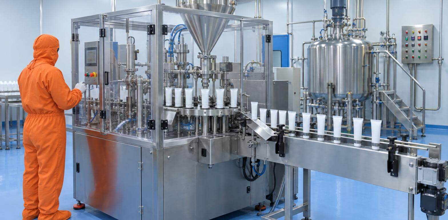 Tube filling machine in the external preparations section at the Vibcare Healthcare plant, Panchkula