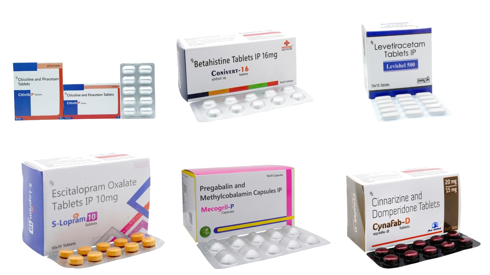 Levetiracetam tablets, escitalopram tablets, betahistine tablets, pregabalin and methylcobalamin capsules, citicoline and piracetam tablets and cinnarizine with domperidone tablet packs manufactured at Vibcare Healthcare, Panchkula