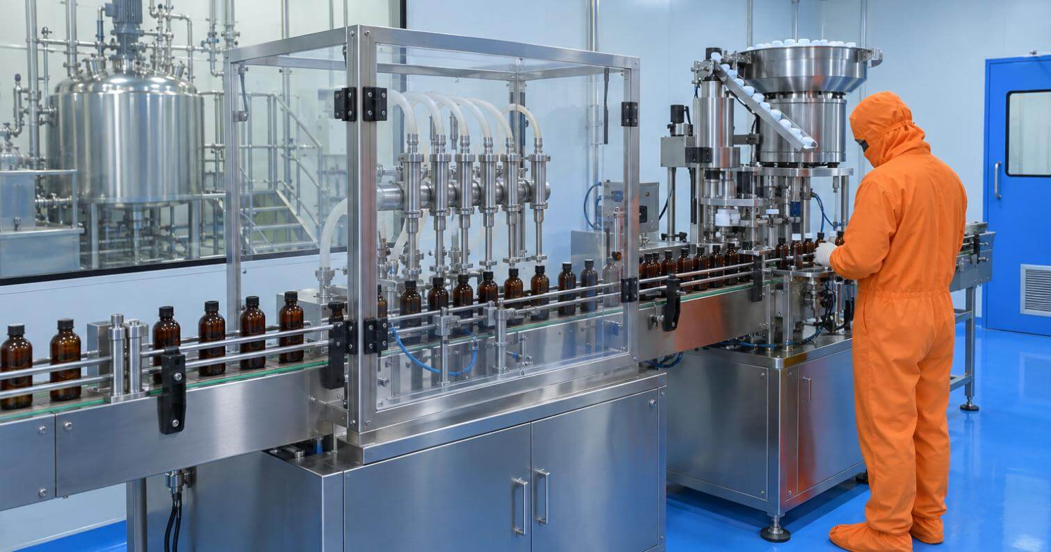 Bottle filling line in the oral liquid section at the Vibcare Healthcare plant, Panchkula