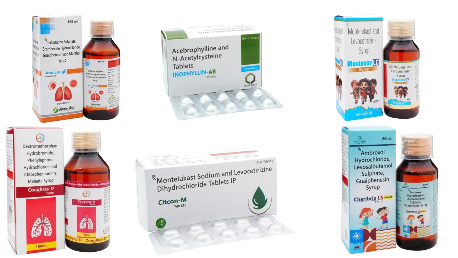 Montelukast-levocetirizine tablets and syrup, dextromethorphan cough syrup, ambroxol-levosalbutamol-guaiphenesin syrup, acebrophylline-acetylcysteine tablets and terbutaline-bromhexine-guaiphenesin syrup packs manufactured at Vibcare Healthcare, Panchkula