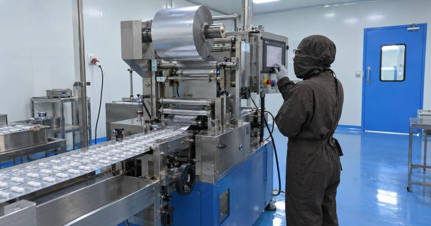 Blister packing machine on the third party tablet manufacturing line, with a web of white tablets leaving the sealing station