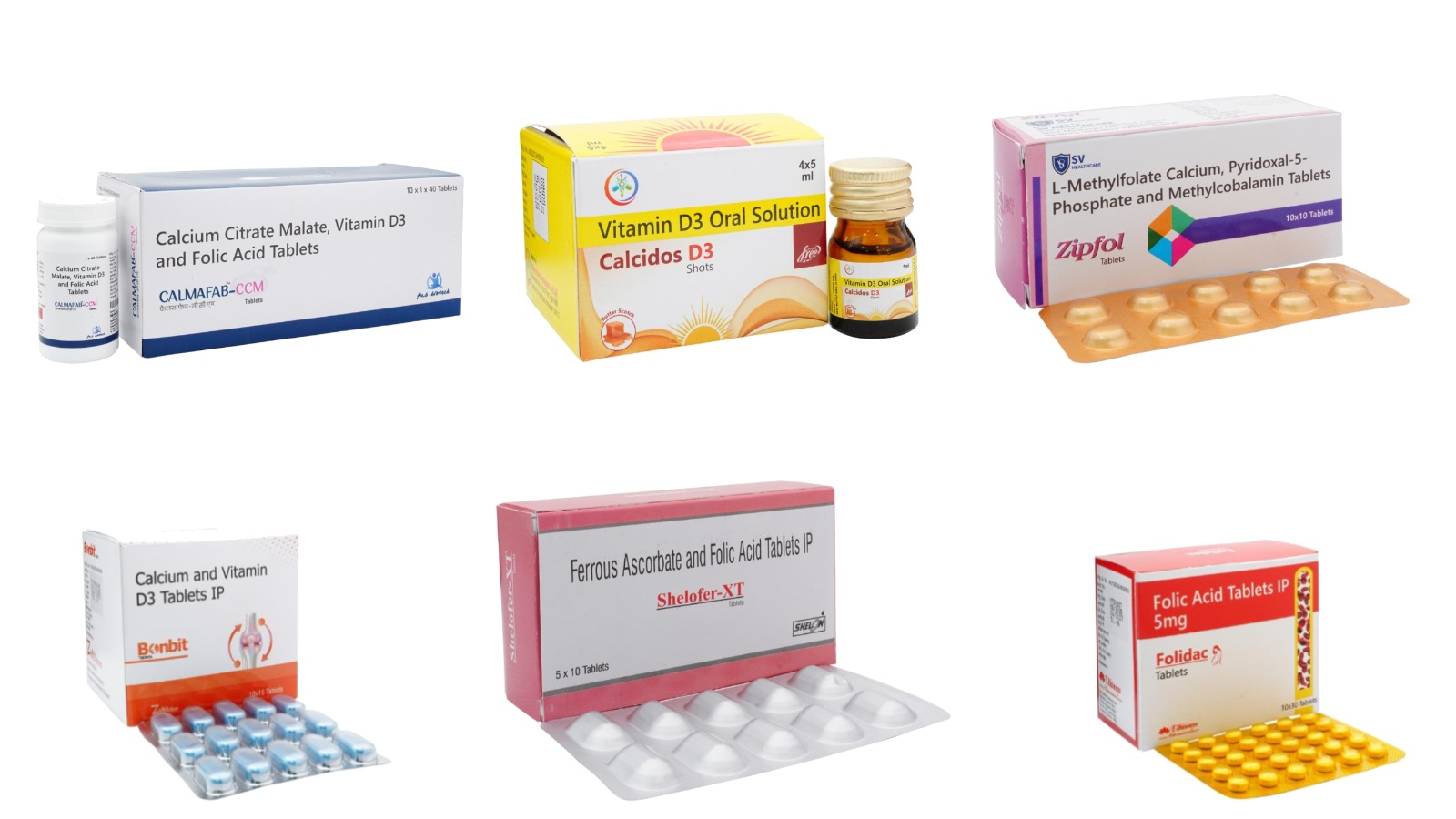 Calcium and vitamin D3 tablets, calcium citrate malate tablets, vitamin D3 oral solution, ferrous ascorbate and folic acid tablets, folic acid tablets and methylcobalamin tablet packs manufactured at Vibcare Healthcare, Panchkula