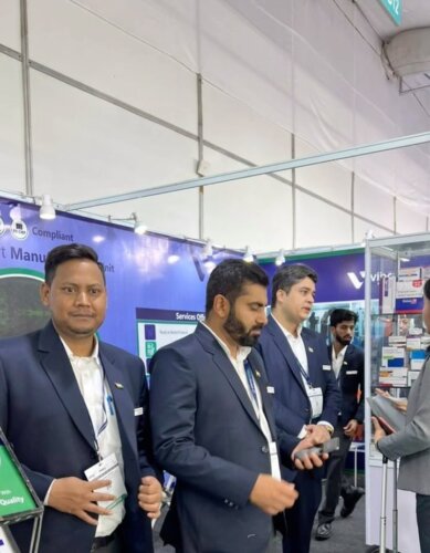 Vibcare Healthcare team at the CPHI India 2023 stall, day one