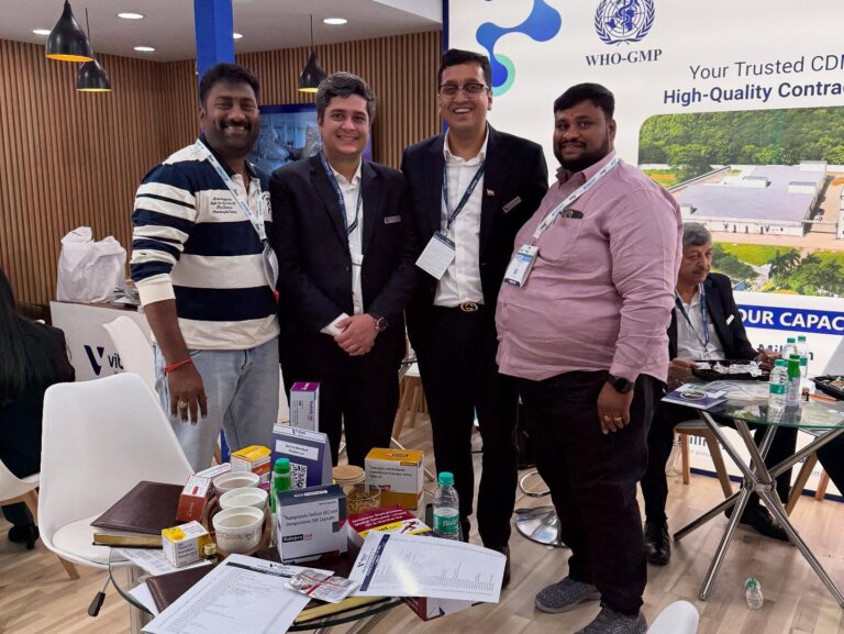 Product discussion at the Vibcare Healthcare stall, CPHI India 2024