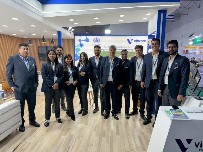 Vibcare Healthcare team at stall 1A.C05, CPHI India 2024