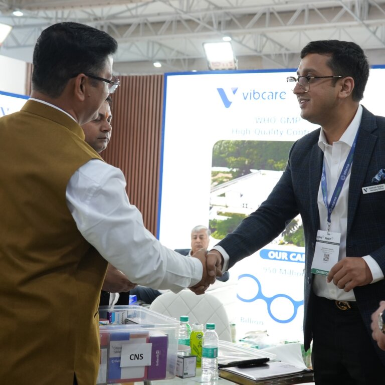 Meeting a visitor at stall 1A.C05, CPHI India 2025