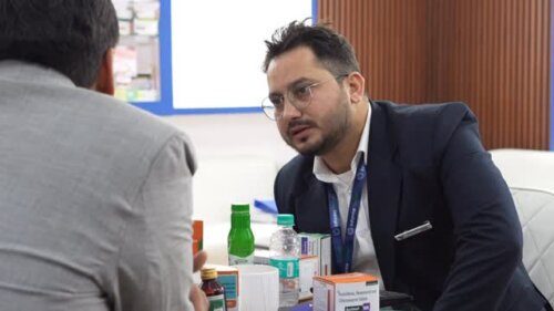 Conversation at the Vibcare Healthcare stall, CPHI India 2025