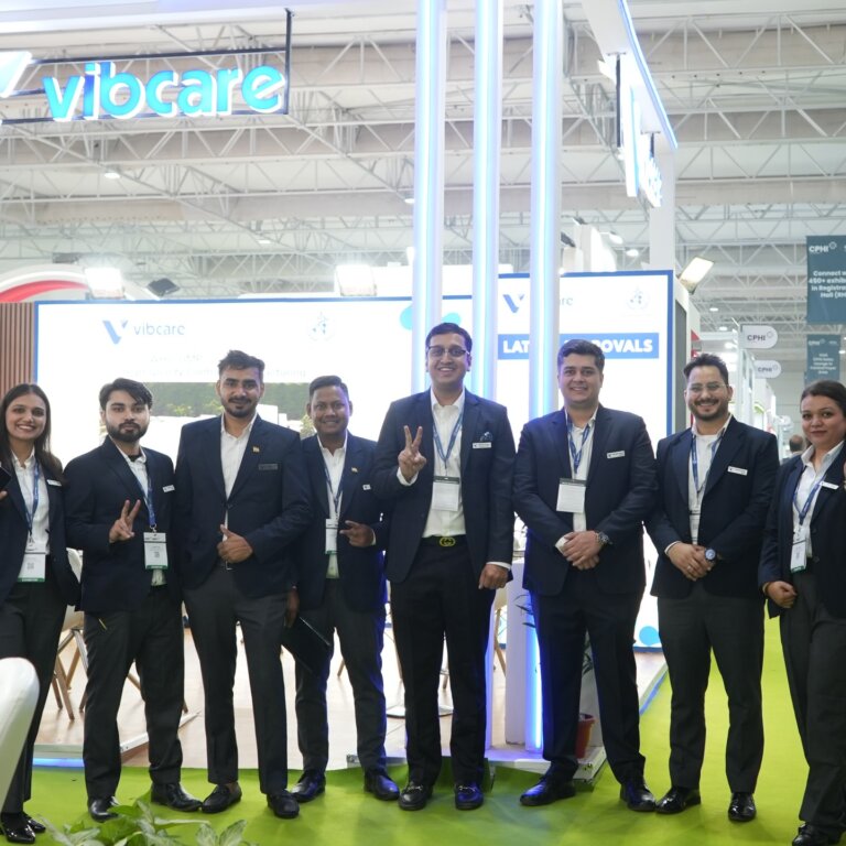 Vibcare Healthcare team at stall 1A.C05, CPHI India 2025