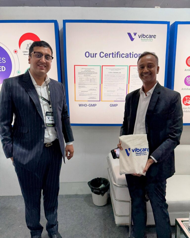 Vibcare Healthcare certifications display at PharmmaEx Ahmedabad 2024