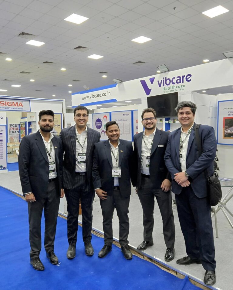 Vibcare Healthcare team at the PharmmaEx Ahmedabad 2024 stall
