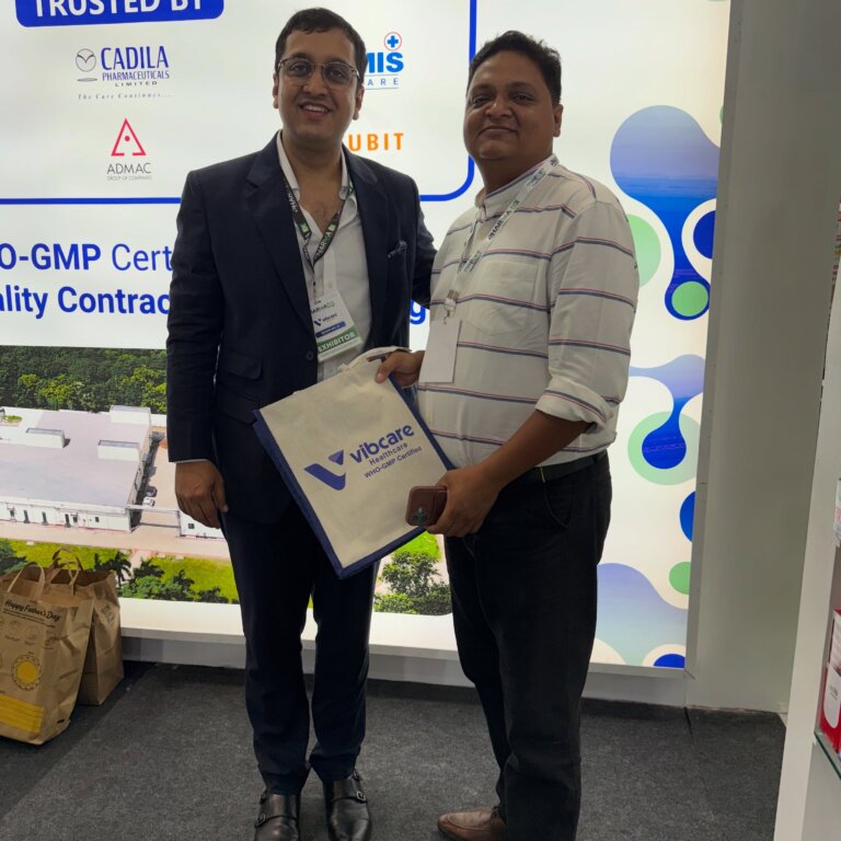 A visitor at the Vibcare Healthcare stall, PharmmaEx Kolkata 2026