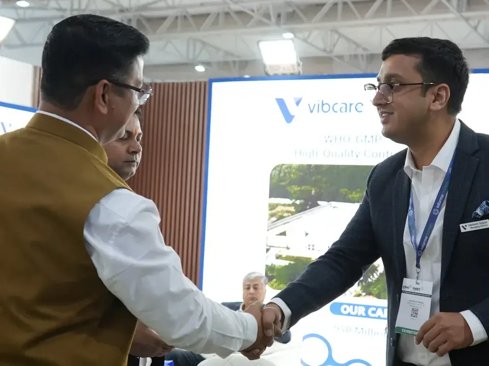 Meeting a buyer at the Vibcare Healthcare stall, CPHI India 2025